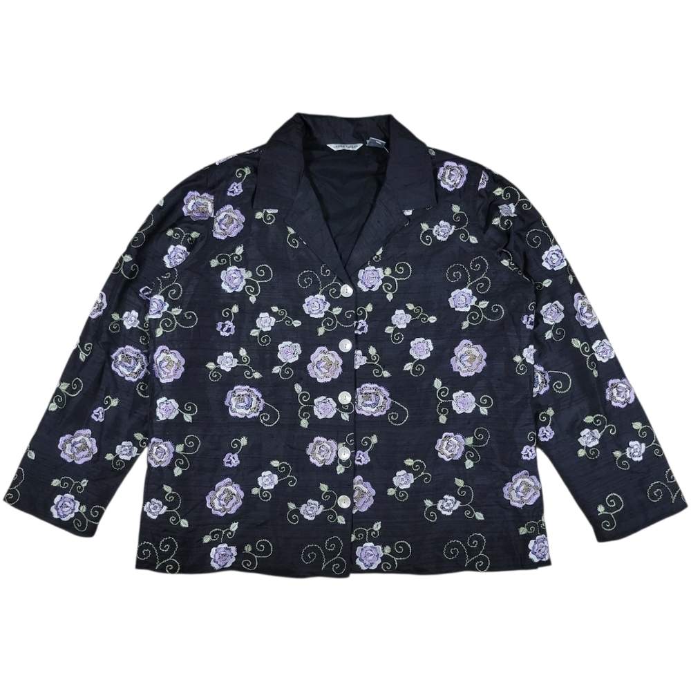 Laura Ashley Silk Jacket Womens Large Black Purple Embroidered Floral Boxy Retro